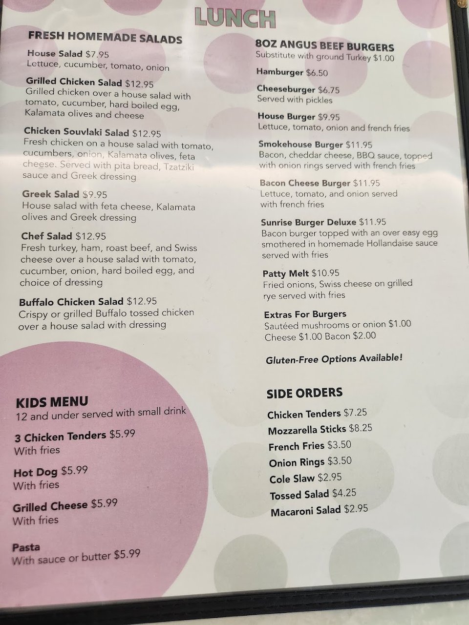Breakfast menu with eggs, toast, and pancakes.