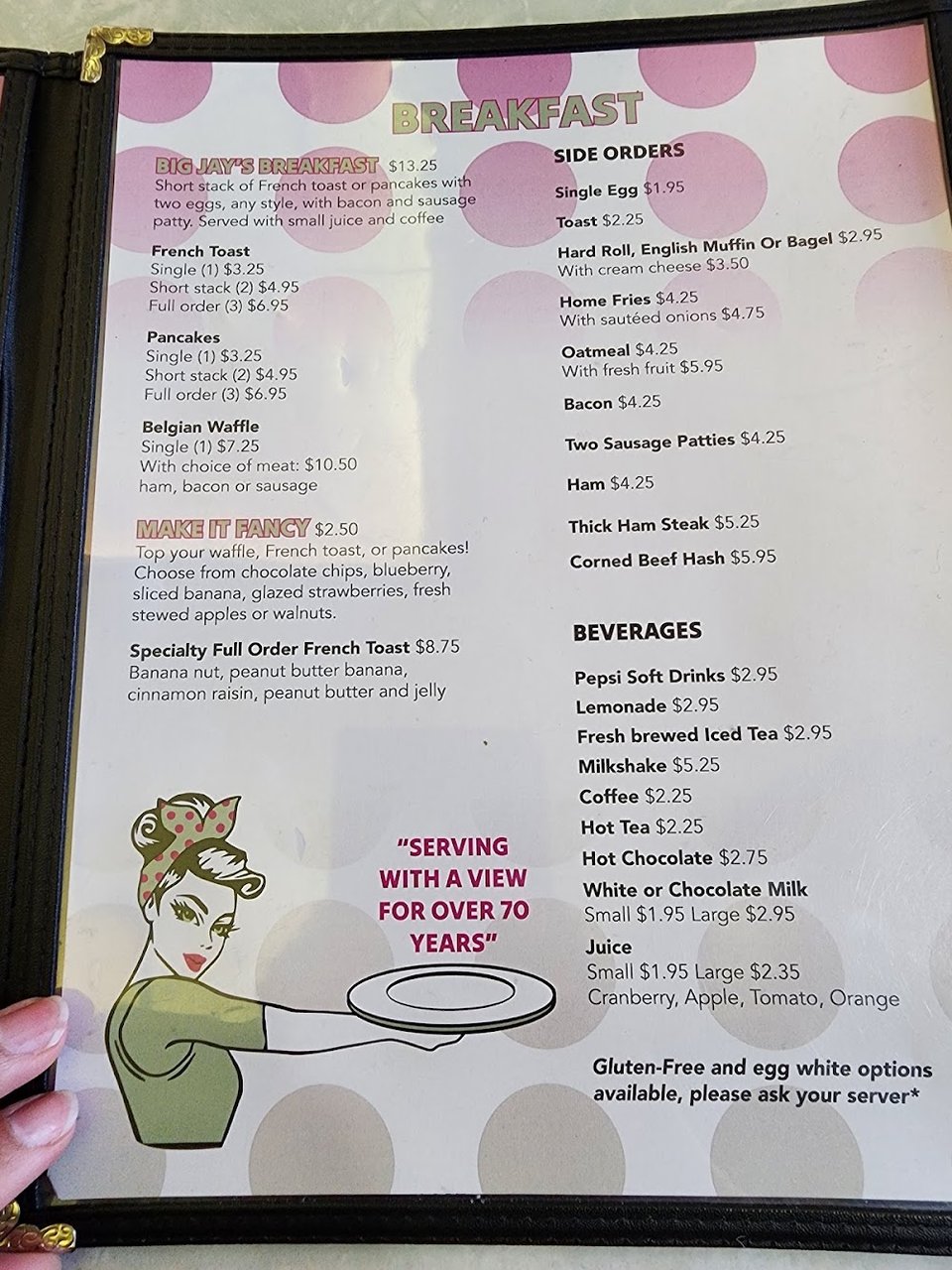 Printed menu showing soups and breakfast plates.