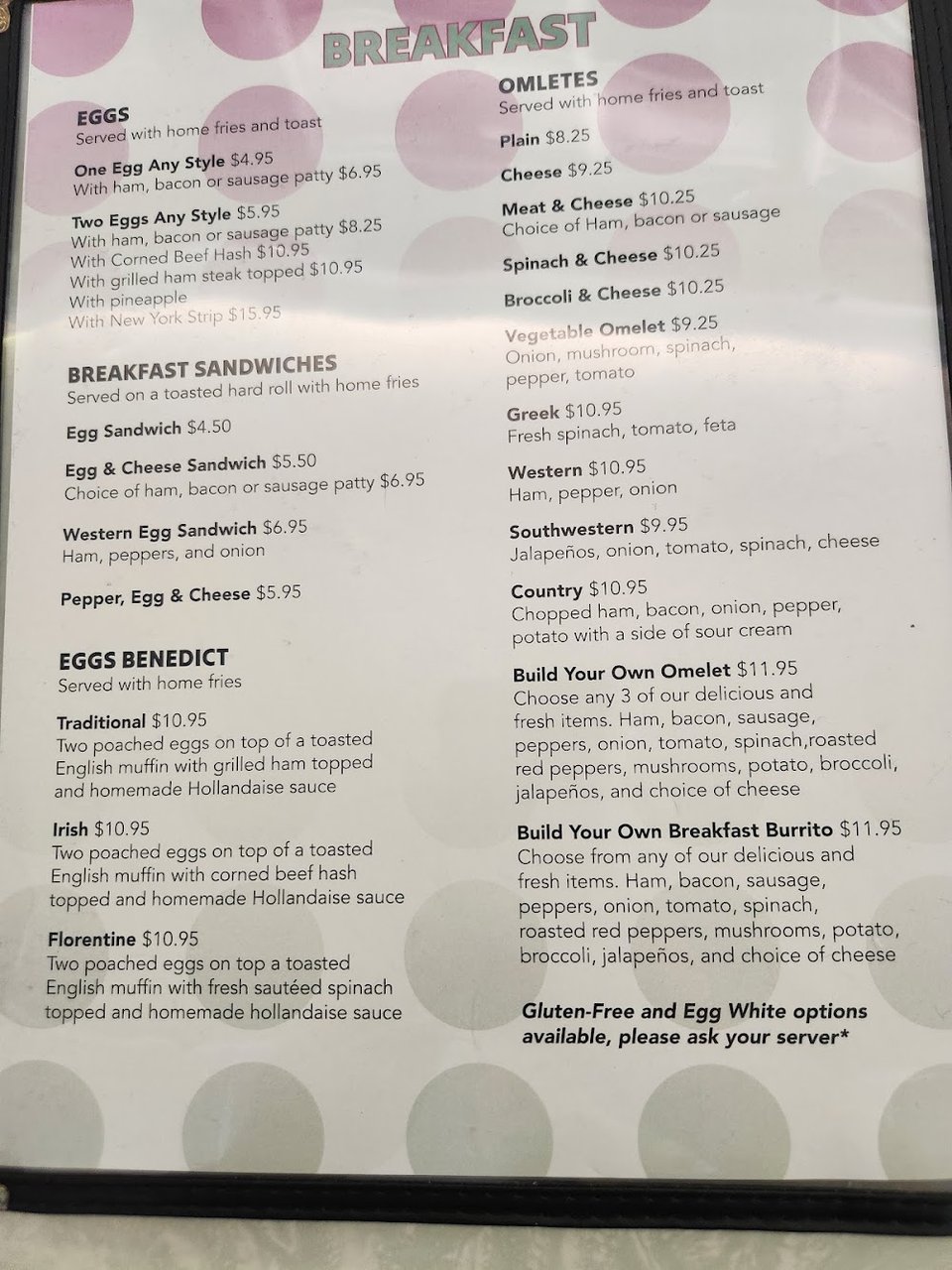 Diner menu with French toast and waffles.